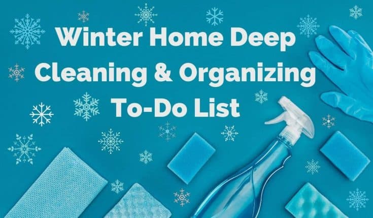 Cleaning supplies with snowflakes for a winter cleaning theme