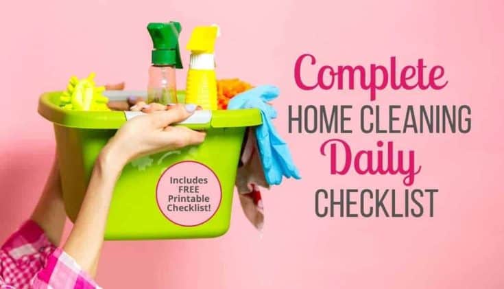 woman holding green tub of cleaning supplies for her daily home cleaning