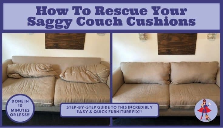 Split picture with old saggy couch on one side and remodeled couch that's fixed on the other