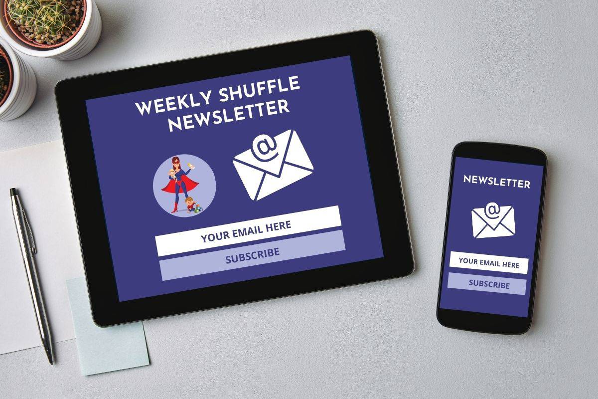 Ipad and phone with the weekly shuffle newsletter info
