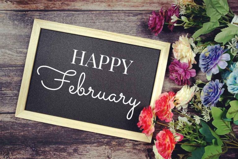 A wooden framed chalkboard with the words "Happy February" written on the board, along with some fresh flowers lying right next to the board.