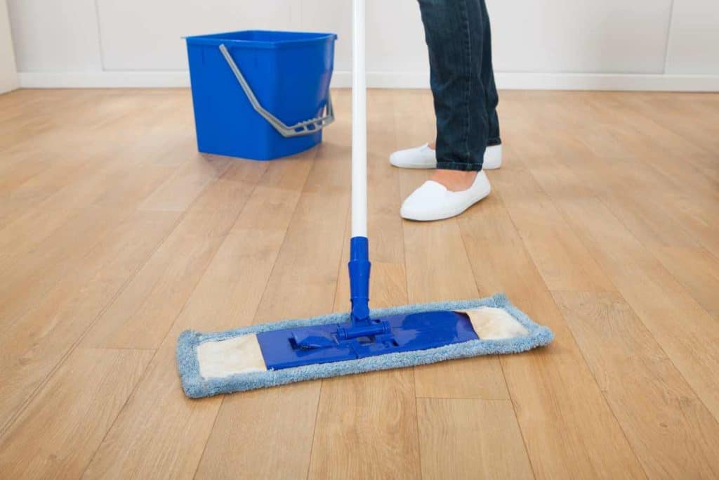 Woman mopping hardwood floor with a mop and bucket