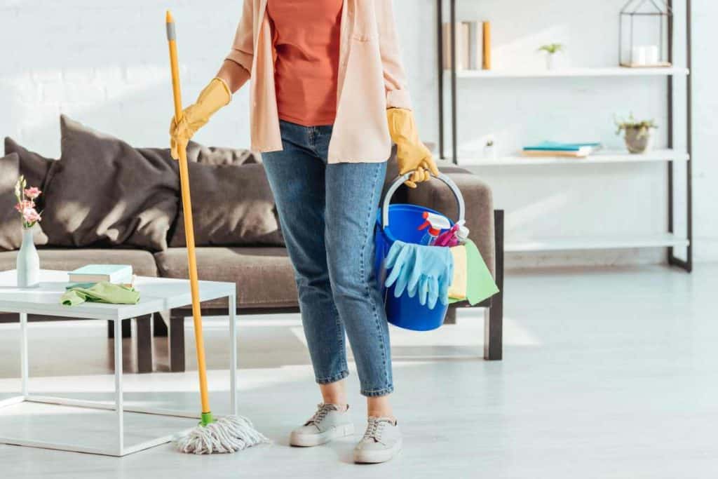 Lady standing in living room with a mop and bucket full of cleaning supplies