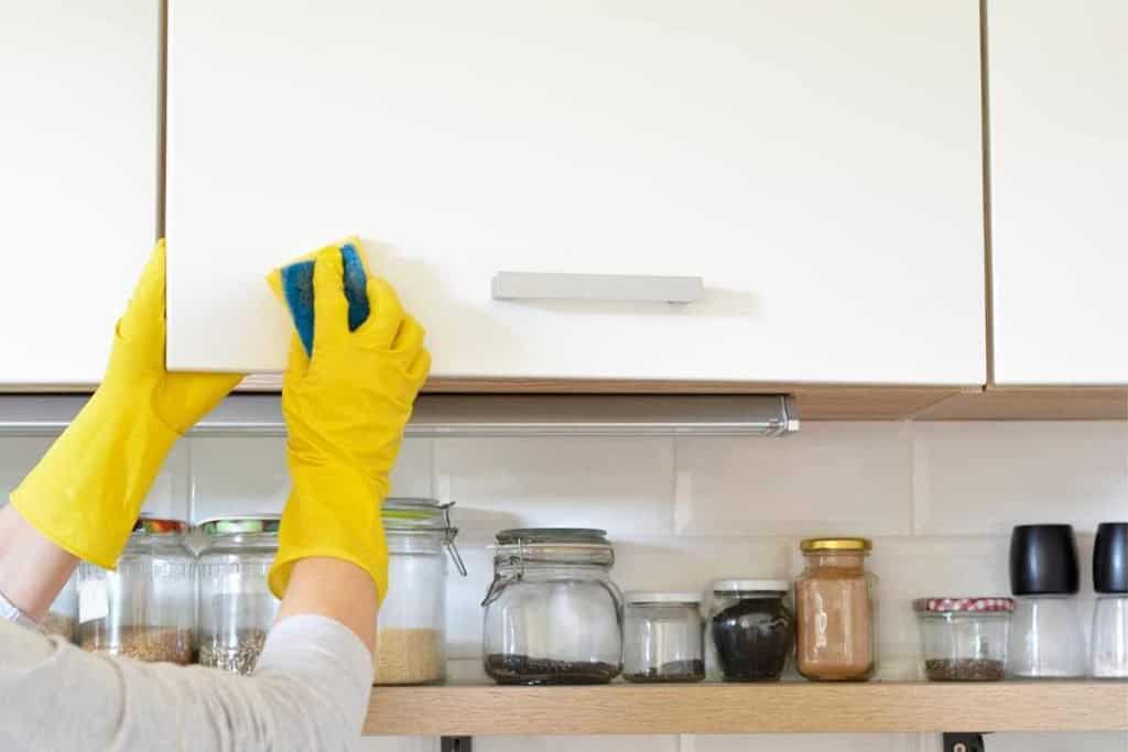 Person in rubber gloves wiping down the outside of kitchen cabinets