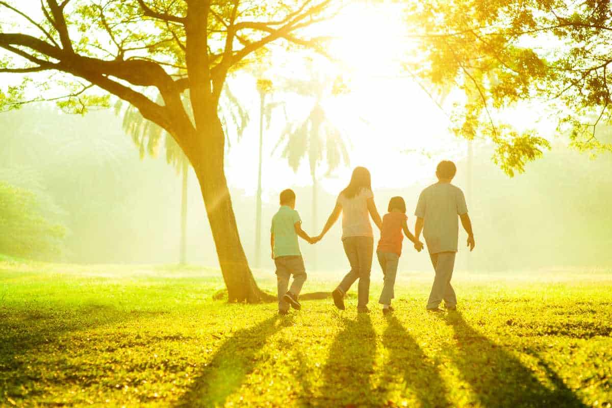 A family holiding hands while taking a walk in the sunshine