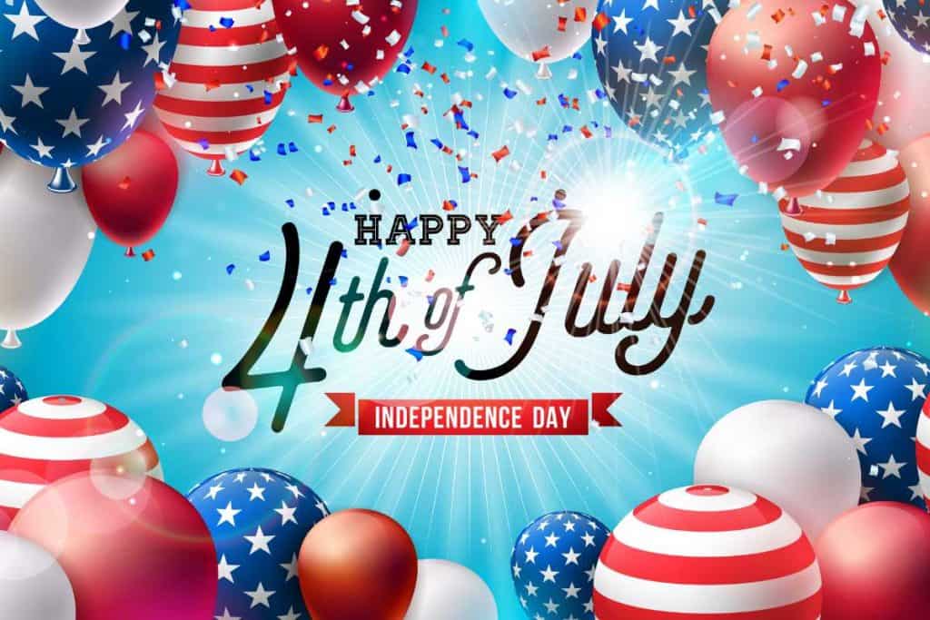 Happy 4th of July graphic with balloons and confetti and in the middle it says "Happy 4th of July" and "Independence Day".