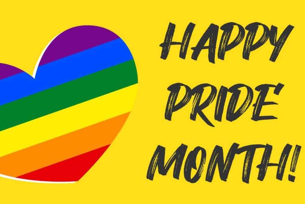 A "Happy Pride Month" graphic with a rainbow colored heart