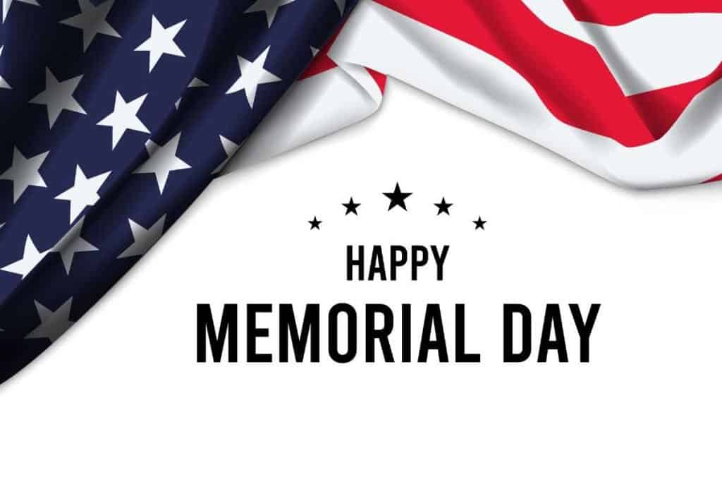 Happy memorial Day graphic with an Amercian flag and "Happy Memorial Day" written in middle