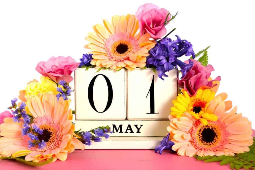 Wooden block calendar set to May 01 with fresh flowers all over it and surrounding it