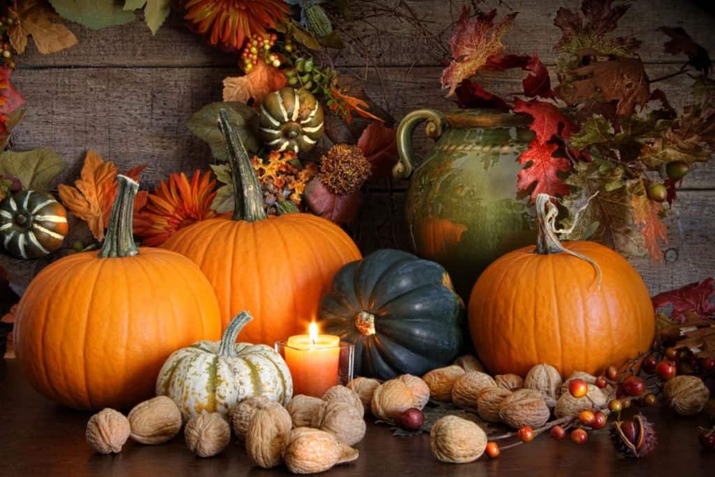 Pumpkins and pecans and fall leaves with a lit candle