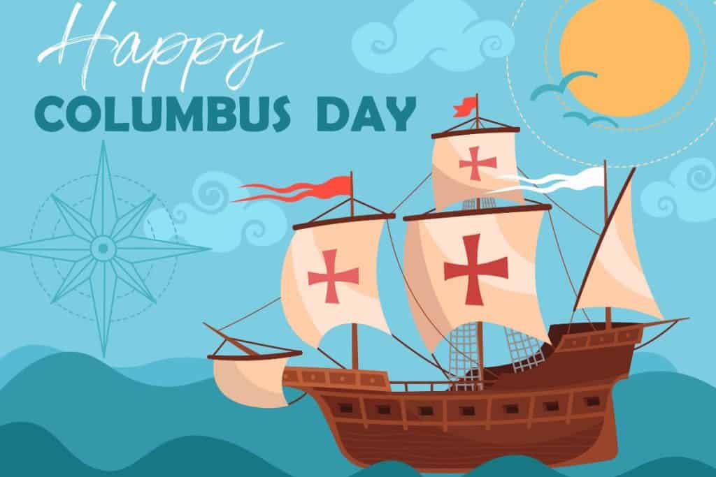 A Happy Columbus day cartoon graphic with Columbus' ship