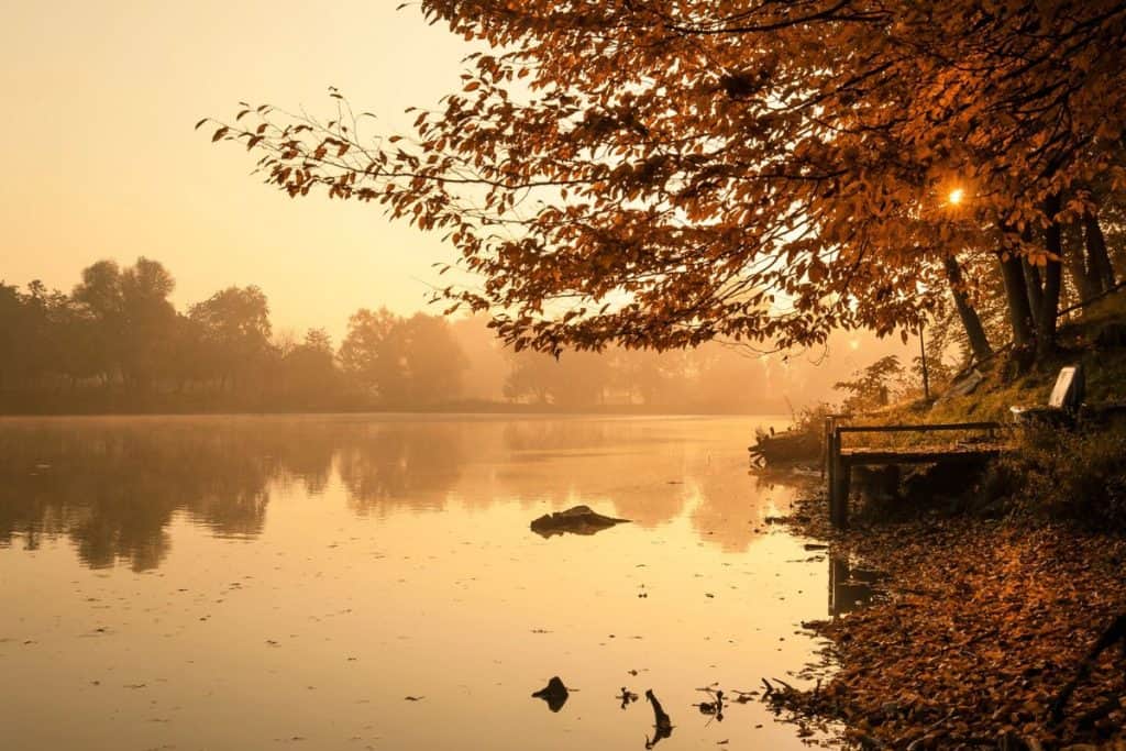 A lake at sunrise in the Fall with a dock and chair