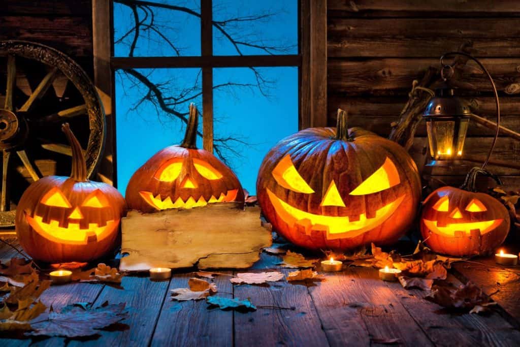 Carved Jack O Lanterns in a wooden barn setting