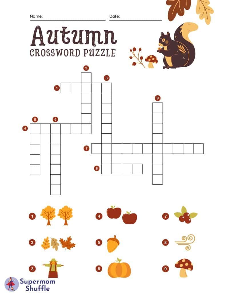 Fall-themed crossword puzzle for kids with Fall pictures and clues