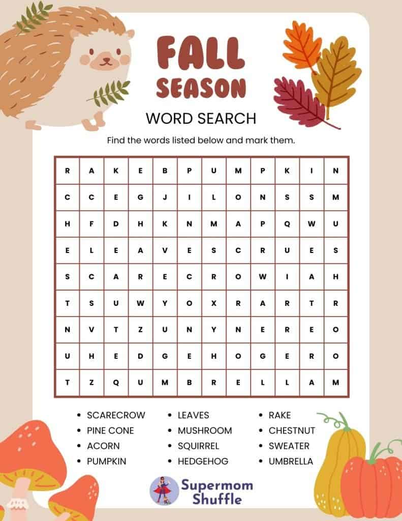 Fall word search for kids with cute cartoon fall leaves, pumpkins, gourds and a hedgehog