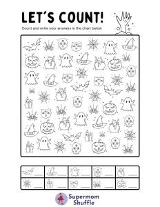 Counting Halloween activity with cats and bats and all kinds of Halloween objects in a counting activity for kids