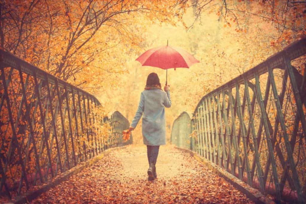 Woman walking with a red umbrella in the rain on a leaf covered pathway