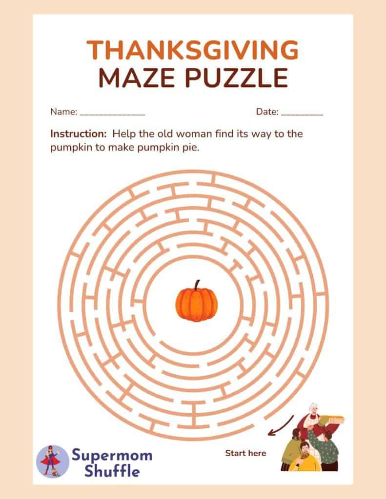 A copy of a Thanksgiving maze puzzle for kids on Supermom Shuffle