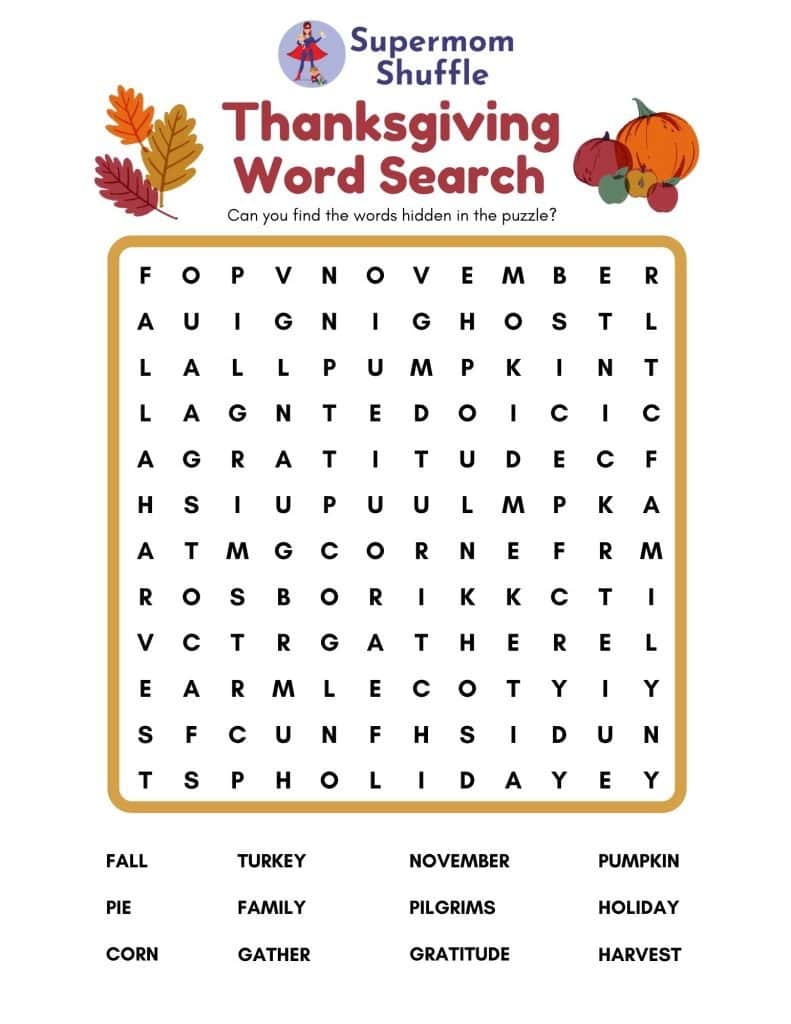 Thanksgiving-themed word search for kids