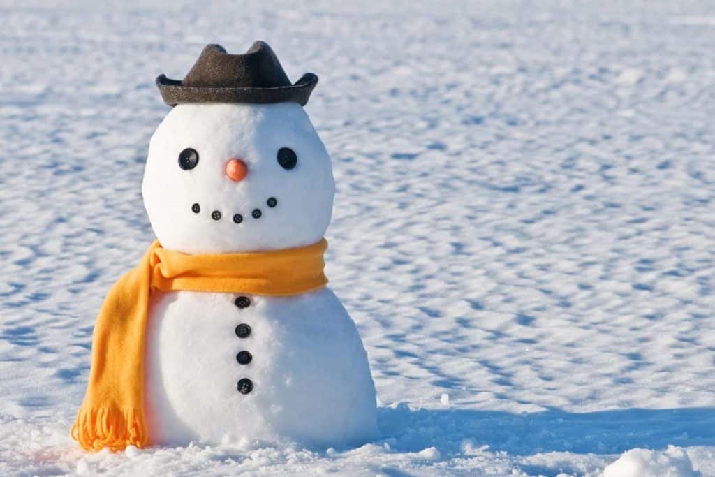 Snowman with a yellow scarf and a hat in a field of snow