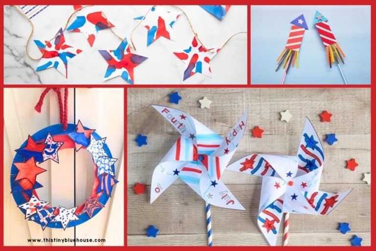 Patriotic crafts for kids with pictures of pinwheels, stars and wreaths